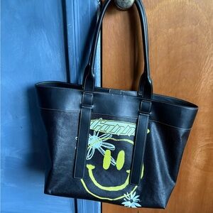 Ganni Black Leather Tote Bag with Yellow Smiley Design